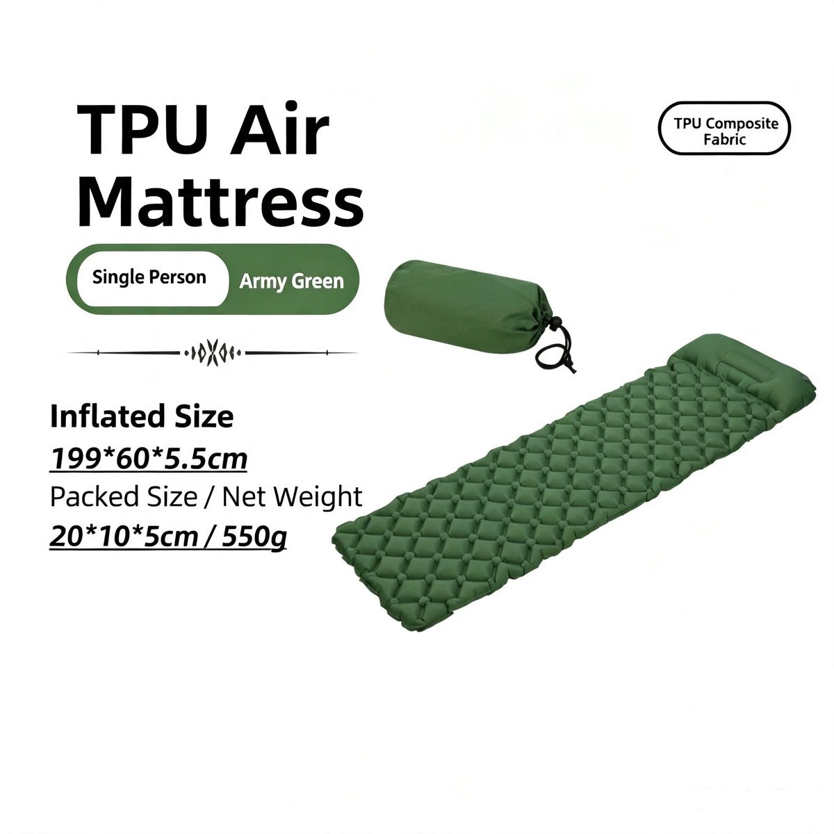 Camping TPU Inflatable Mattress for Outdoor Hiking, Lightweight, Portable, Foldable, Foot-Pump Inflatable Mattress, Car-Mounted Inflatable Mattress