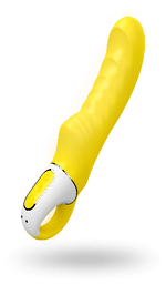 A yellow and white curved personal massager with a textured shaft and a ring base, shown floating against a plain white background.