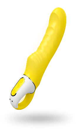 A yellow and white curved personal massager with a textured shaft and a ring base, shown floating against a plain white background.