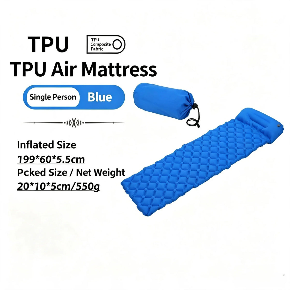 Camping TPU Inflatable Mattress for Outdoor Hiking, Lightweight, Portable, Foldable, Foot-Pump Inflatable Mattress, Car-Mounted Inflatable Mattress