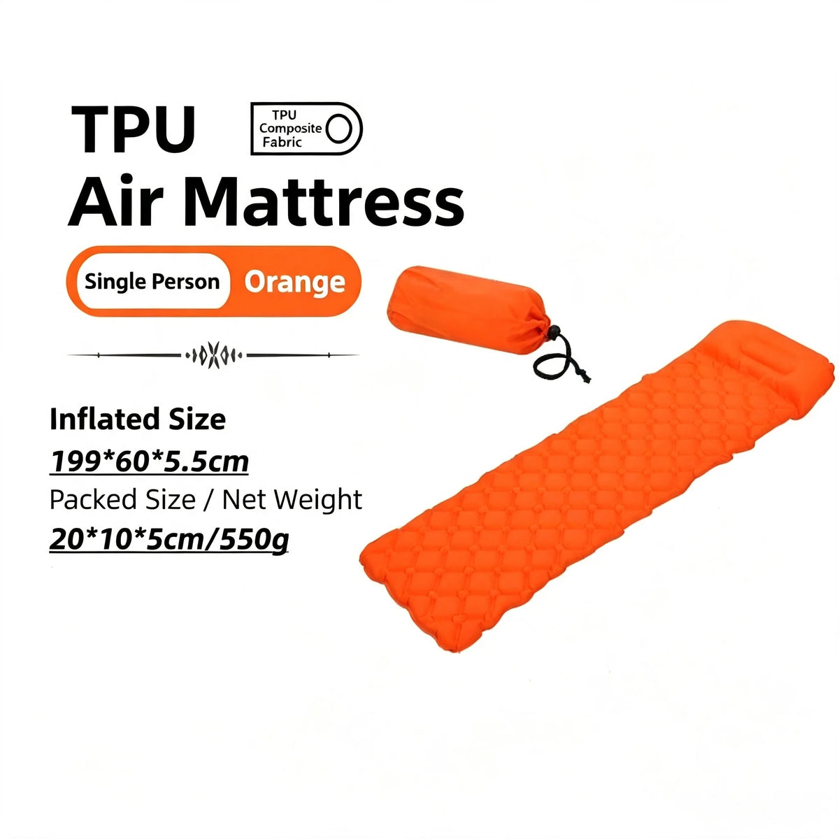 Camping TPU Inflatable Mattress for Outdoor Hiking, Lightweight, Portable, Foldable, Foot-Pump Inflatable Mattress, Car-Mounted Inflatable Mattress