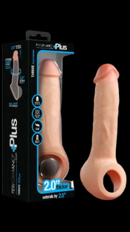 A flesh-toned silicone prostate massager shown next to its black retail packaging box. The box features blue accents and displays the brand name 'PERFORMANCE Plus' and product name 'THRIVE'.